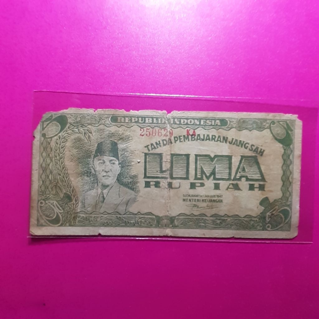 uang kuno 5 rupiah ori 1947