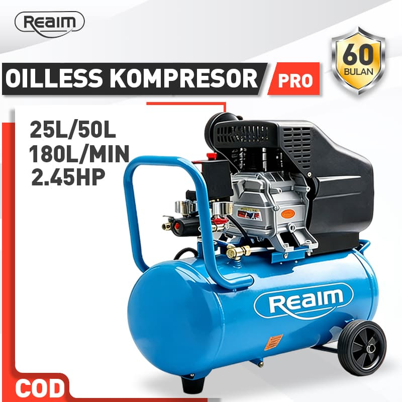 Reaim 2.45HP Kompresor Angin Listrik 50L Kompresor Mini Oilless Air Compressor Silent Mini Listrik