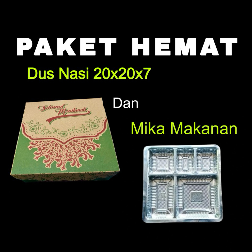PAKET DUS NASI UK 20x20x7 DAN MIKA MAKANAN || KARDUS NASI MOTIF || MIKA SEKAT 5 ||