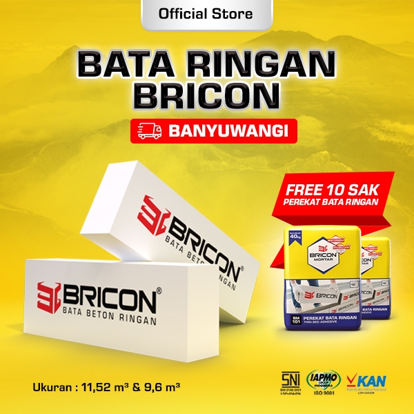 BRICON - Bata Ringan Premium SNI 1 DO 9,6m³ 11,52 m³ Hebel Bonus Bundling Mortar 10 Sak - BANYUWANGI