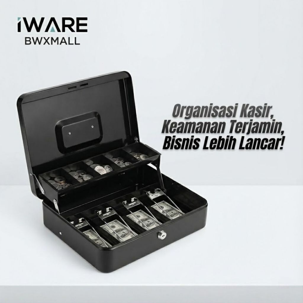 Kotak Kasir Uang Kertas dan Koin IWARE Portable Key Style 30x24x9cm, Cash Drawer Besi Kuat untuk UMK