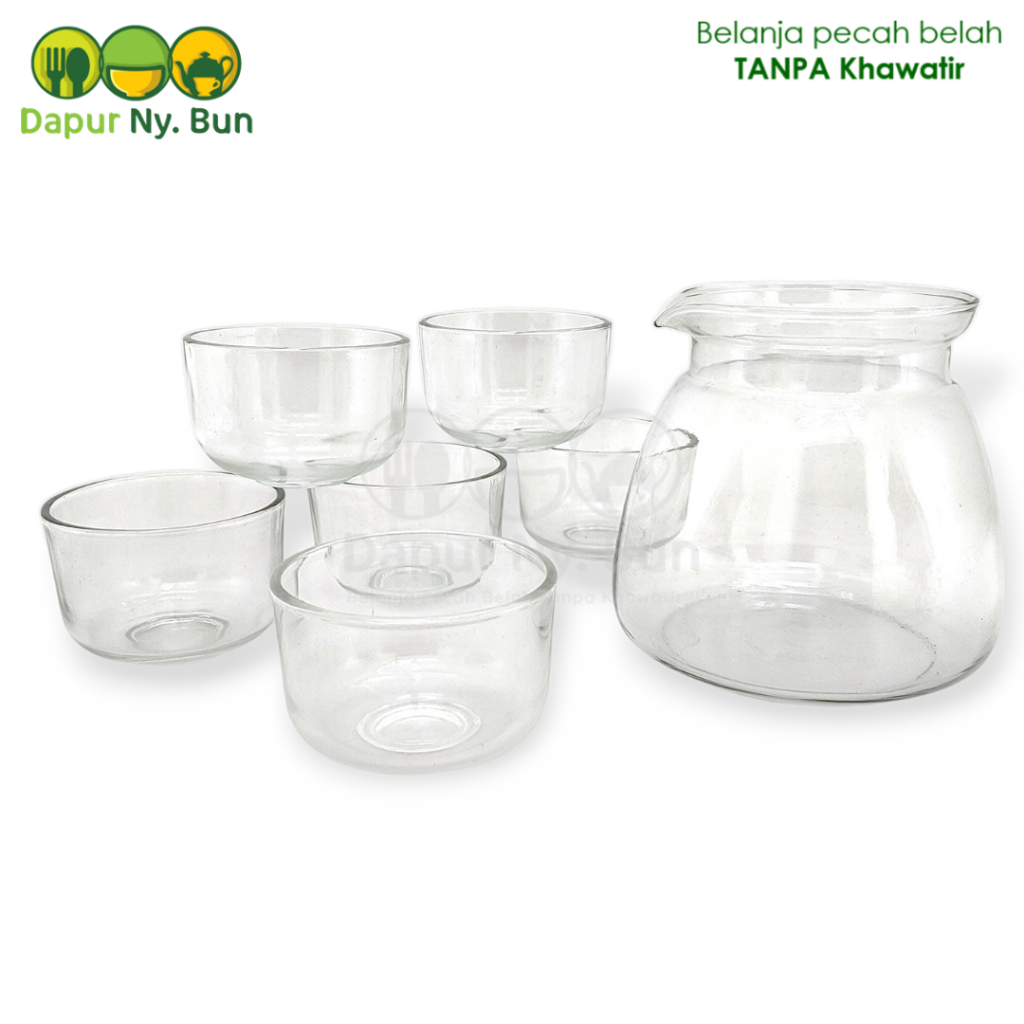 Set Teko Kaca Server & Gelas Mini | Teko Bening Rumahan | Cup Mini Kaca