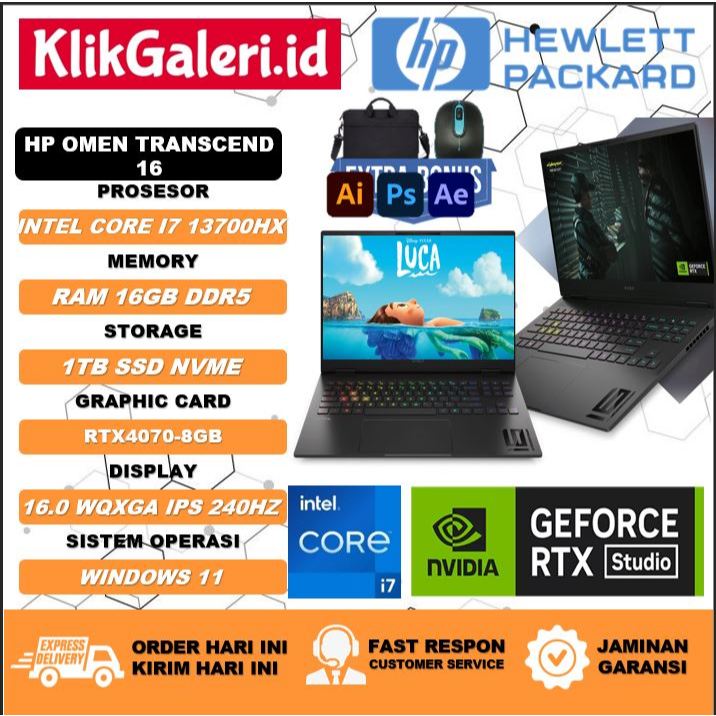 LAPTOP GAMING GANAS  HP OMEN TRANSCEND 16 INTEL I7 13700HX 16GB DDR5 1TB RTX4070-8GB 16.0 WQXGA IPS 