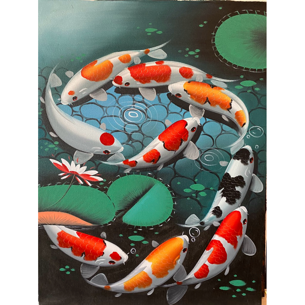 lukisan Canvas Ikan Koi 9, Feng shui, Lukisan Buatan Tangan