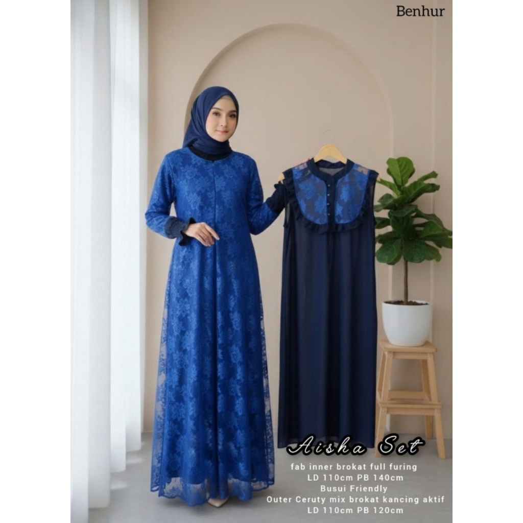 Aisha Set Brokat Inner Brukat Cantik Outer Ceruty Ceruti Polos Maxy Dress Baju Gamis Wanita Muslim F
