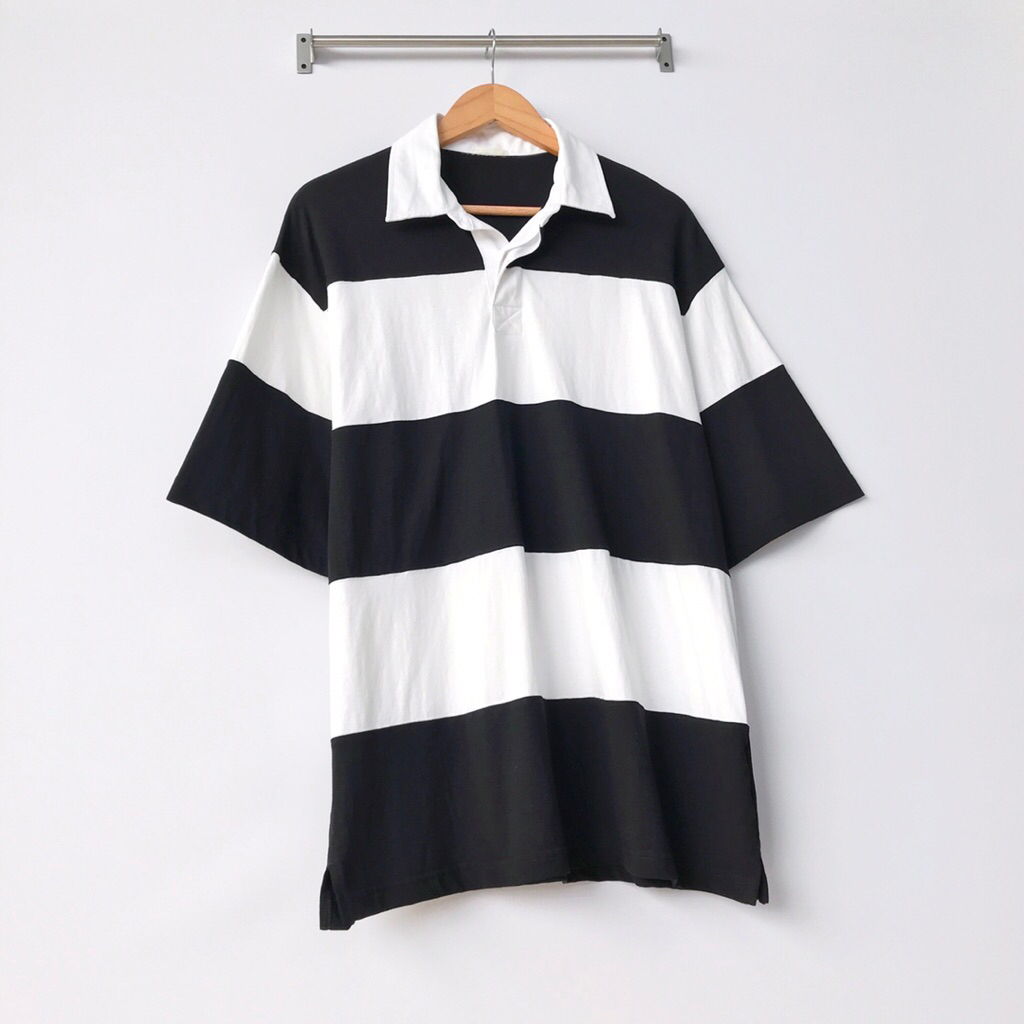 L/XL GU UNIQLO Oversize Polo Rugby Shirt Kaos Kerah Lengan Pendek Stripe