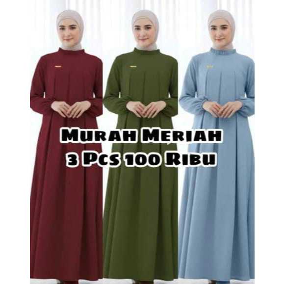 Murah 100 Ribu 3 Pcs Gamis Wanita Crincle Polos Jumbo Masakini / Gamis Lebaran Terbaru