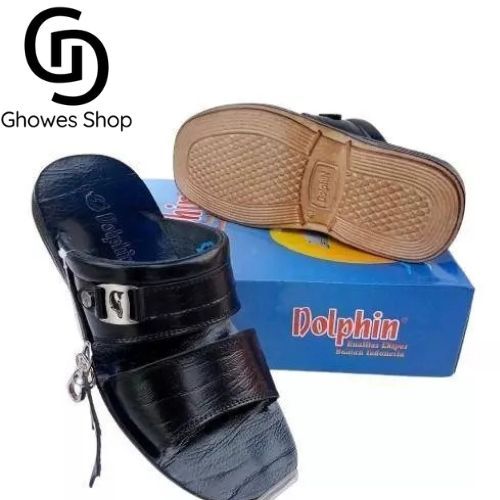 Dolphin Sandal Pria Kulit Asli Anti-Slip Hitam original 100%