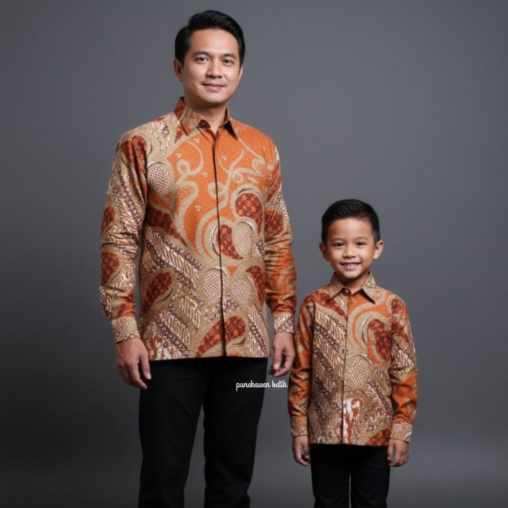 BATIK SERAGAMAN SARIMBIT COUPLE AYAH DAN ANAK KATTUN SOLO FURING TERAKOTA ORANGE