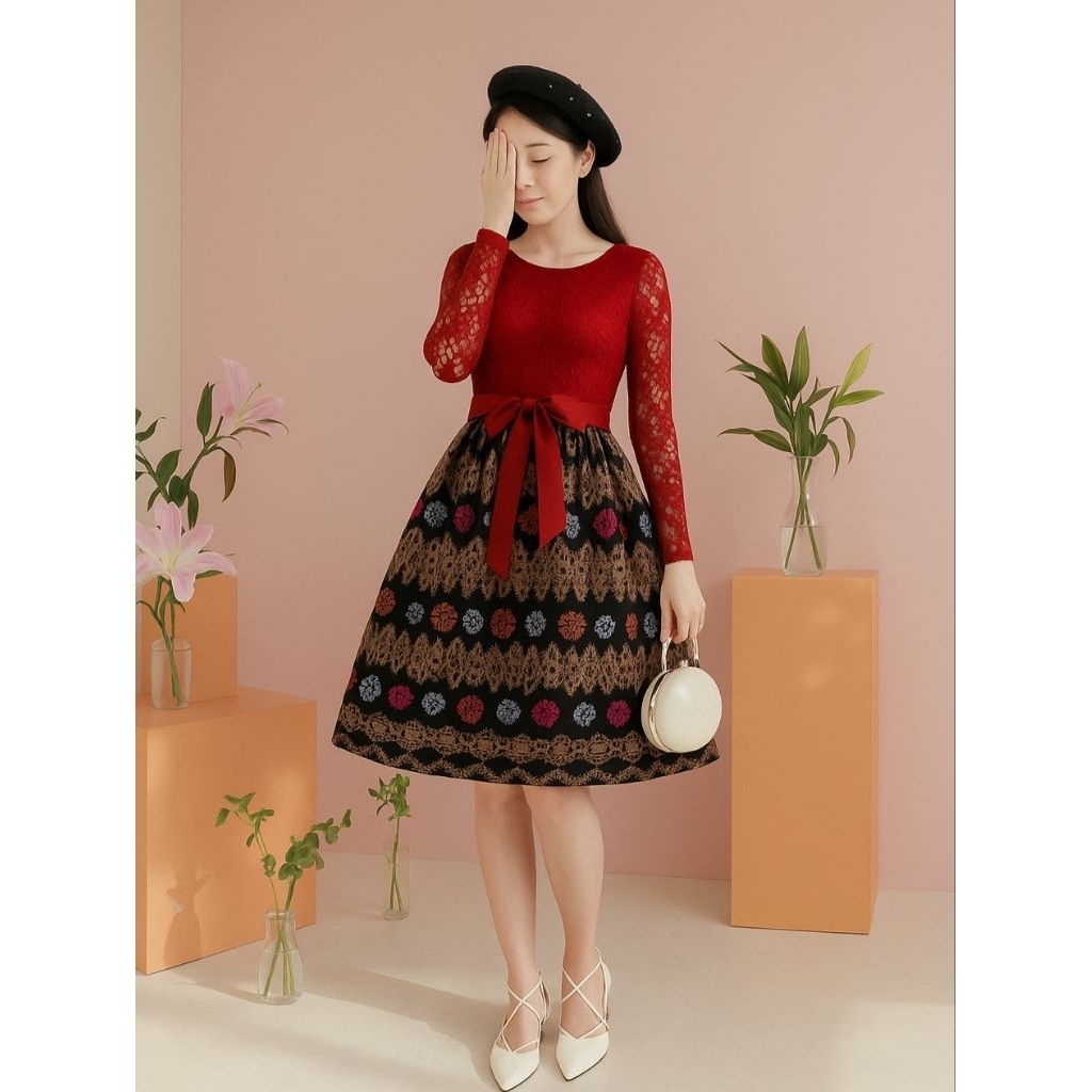 Dress Natal Brokat Kombi Batik Gaun Pesta Wanita Kombinasi Lace Merah & Rok Batik Kekinian Marie Rx