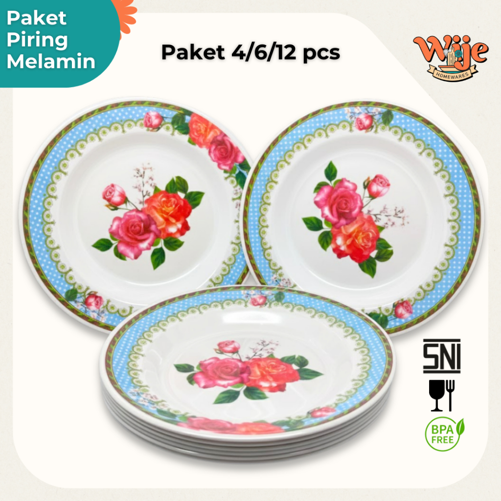 Piring Melamin Asli Tebal 1 Lusin 12 Pcs Motif Bunga Ukuran 9 Inch