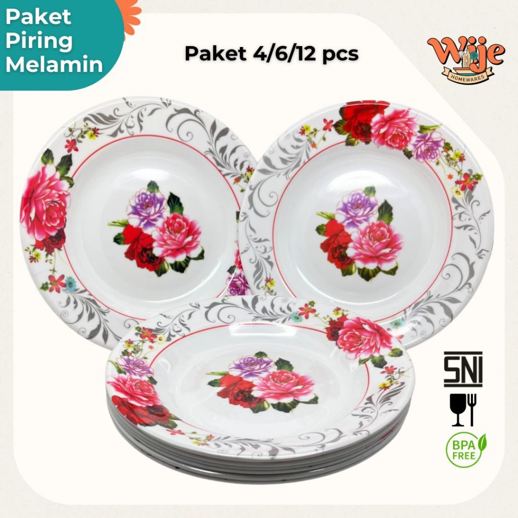 Piring Makan Melamin 1 Lusin Motif Bunga Tebal Paket Set 4 6 12 Pcs