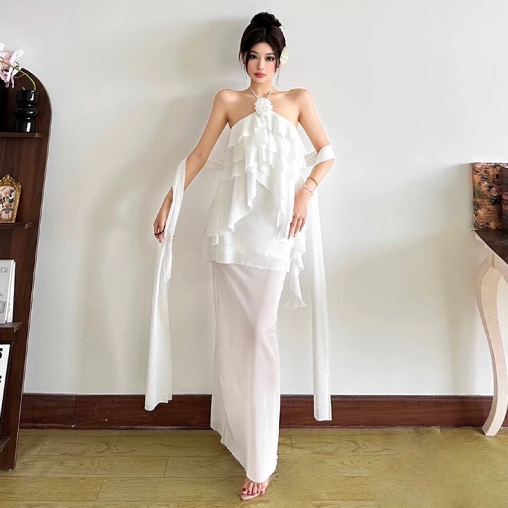 Chiffon Dress Wanita Elegant Dress Party Sexy Dress Impor D0898 white party dress/ dress putih pesta