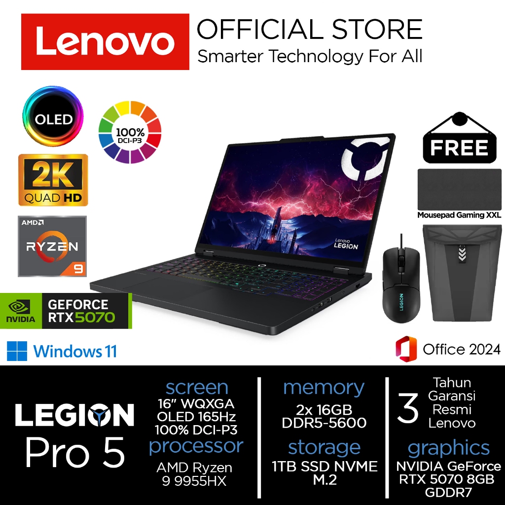 Lenovo Legion Pro 5 Ryzen 9 9955HX RTX5070 1TB SSD 32GB WQXGA OLED 100%sRGB 165Hz Win11+OHS