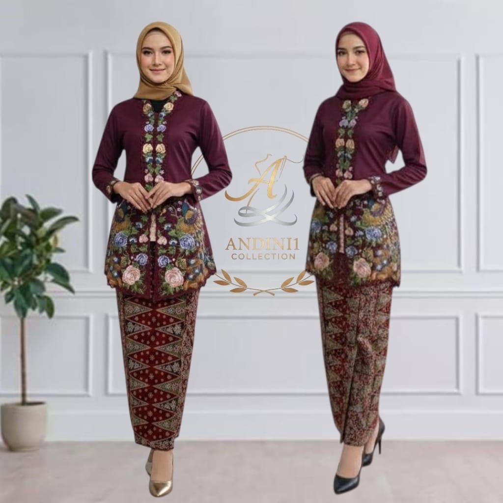 Setelan Kebaya Encim Jumbo Ld 140 Motip Sulam Bordir Merak