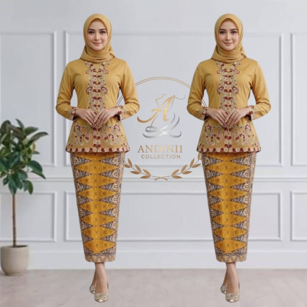 Setelan Kebaya Encim Ld 140 Sulam Bordir Warna Lengan Panjang