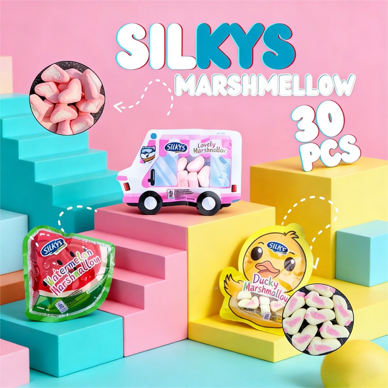 SILKYS MARSHMALLOW – KARAKTER (SEMANGKA/DUCKY/LOVE) – ISI 30 PCS – SNACK SEKOLAH – TERMURAH