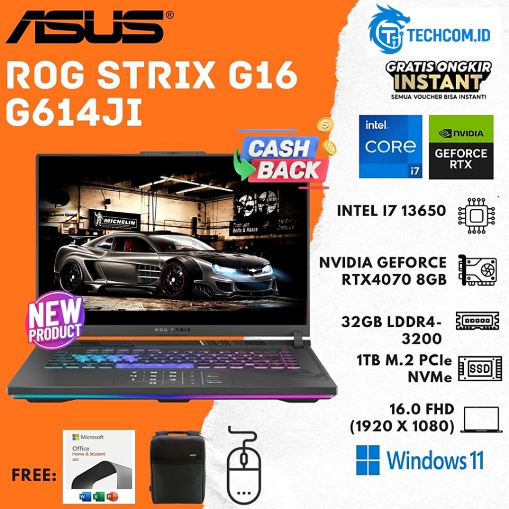 Asus Rog Strix G16 G614JI I7 13650 RTX4070 8GB | 32GB 1TB SSD W11 16.0FHD IPS