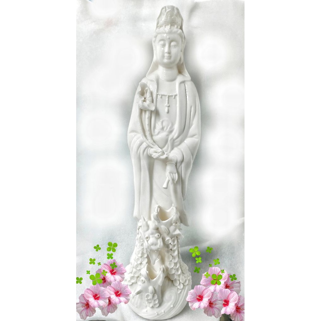 Patung Keramik Guan Yin Diatas Naga | Teratai