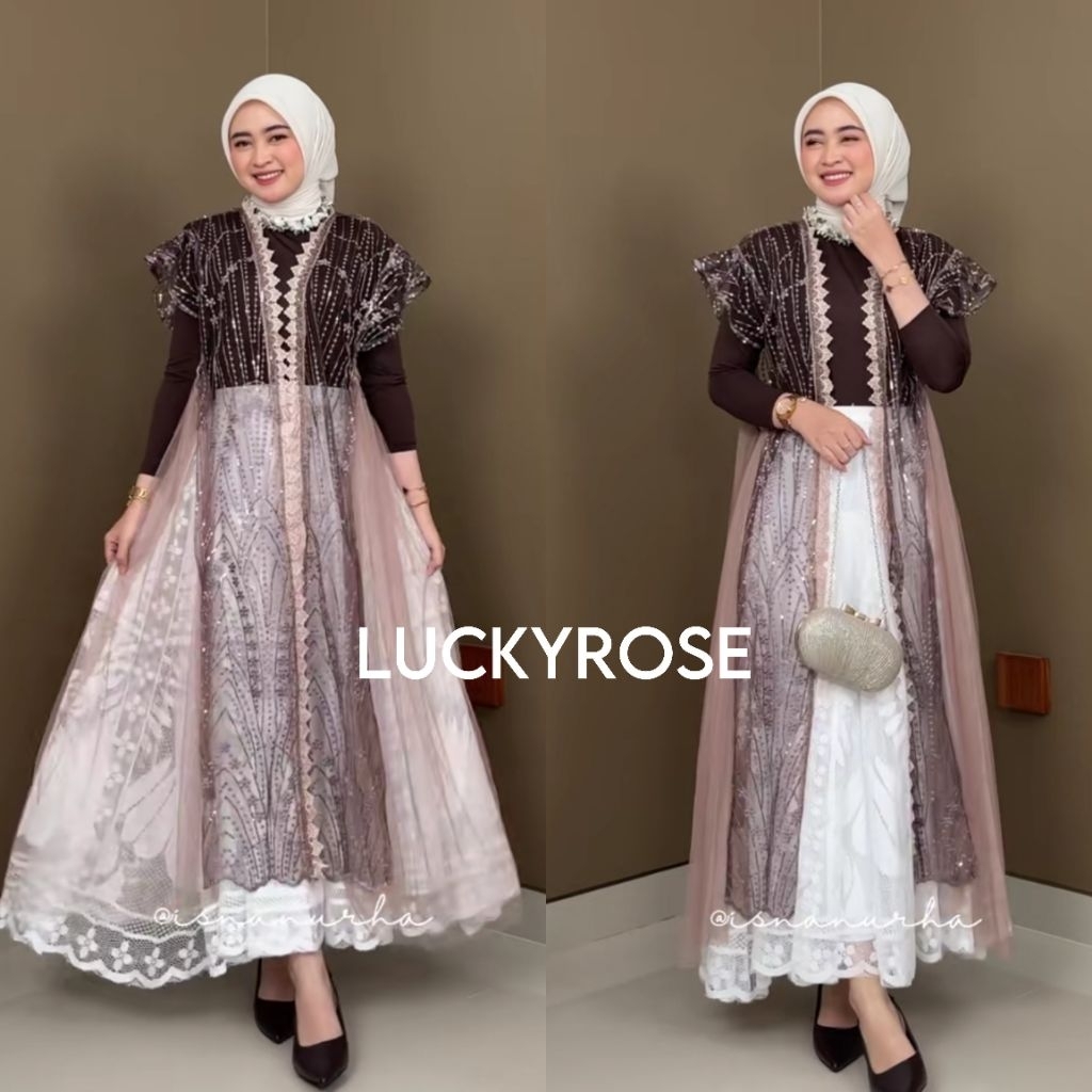 Samoza Outer Tunik Brukat Outer Tille Payet Layer Rumbai Cardigan Brokat Lengan Pendek Ruffle Payet 