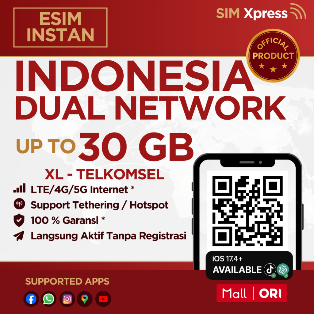 SIM XPRESS - eSIM Roaming Telkomsel / XL Indonesia Support TKTK 3GB/5GB/10GB/20GB 30 Hari | eSIM HP 