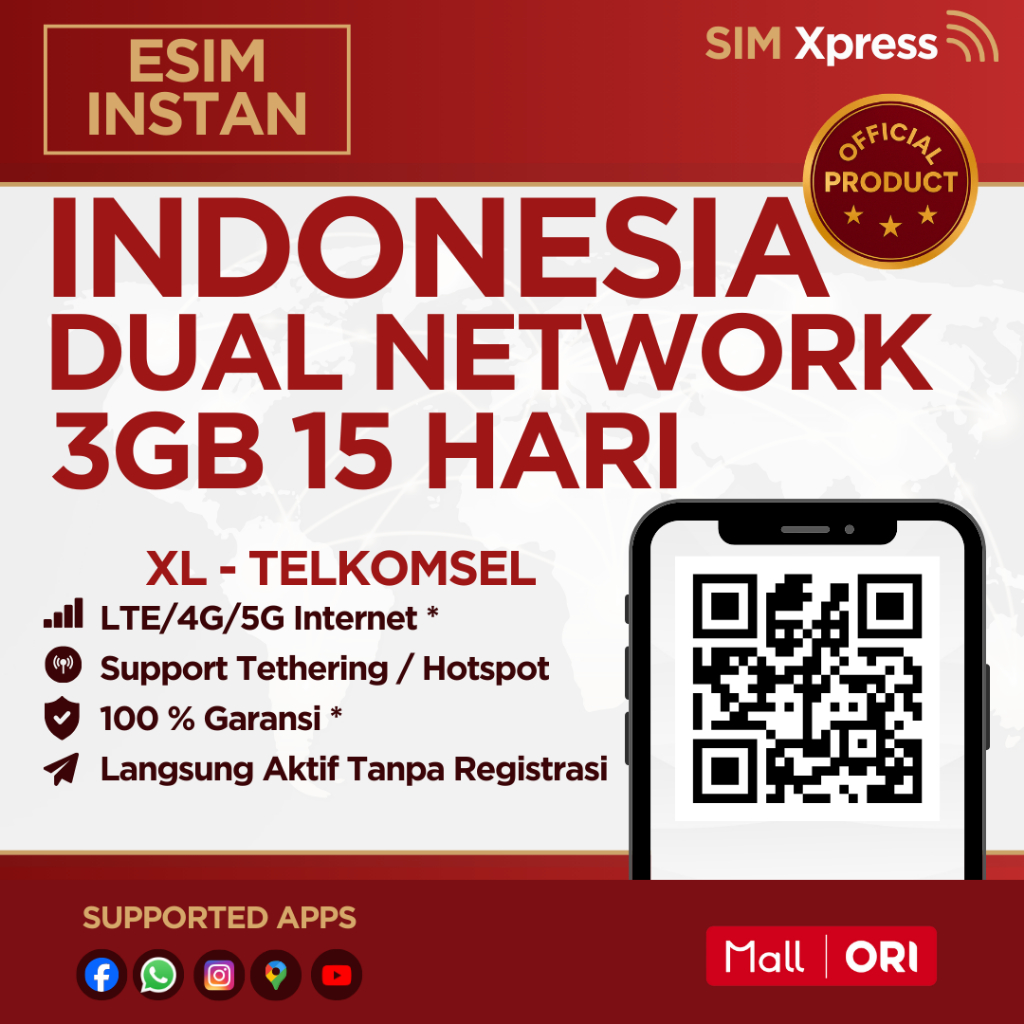 SIM XPRESS - eSIM Roaming XL Indonesia 3 GB Data | 15 Hari | eSIM Roaming