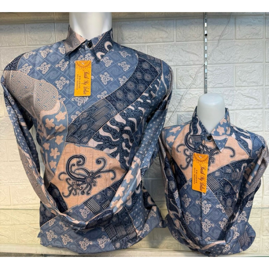 baju batik biru bca lengan panjang couple keluarga // batik katun premium // batik tangan panjang //