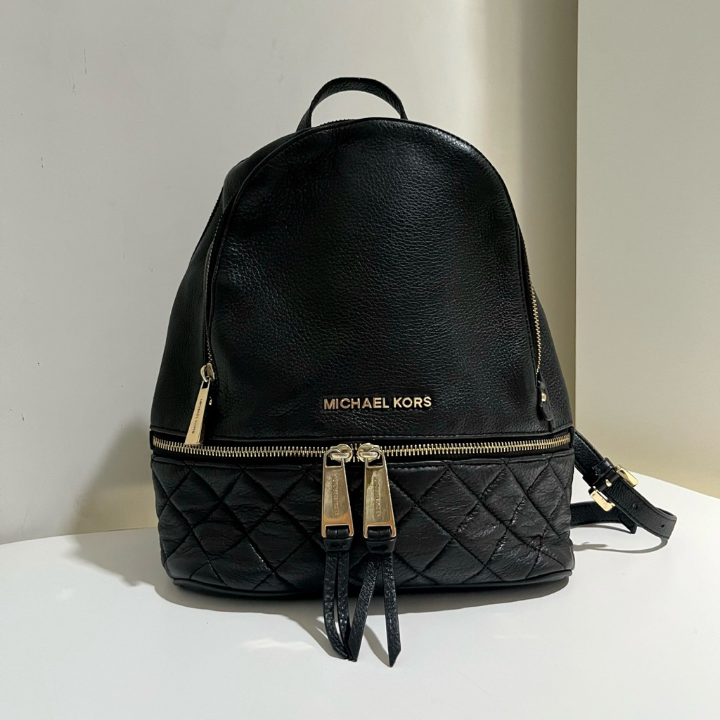 PL MK Rhea Leather Zip Backpack Black