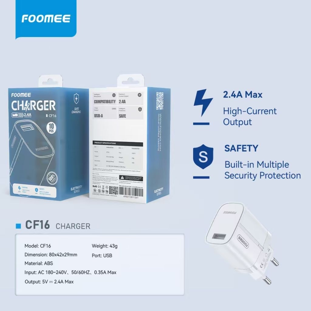 FOOMEE CC08s/CQ08/CF06/CF16/CF26/CF36/MC01/MC02/CT01/BQ11 TRAVEL CHARGER(1BOX ISI 10PCS) 1 USB