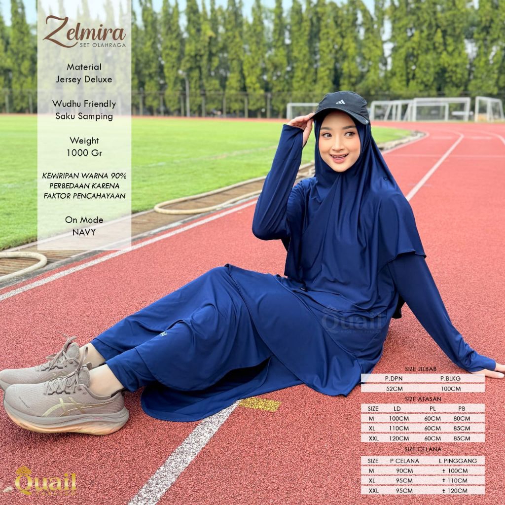 Zelmira Setelan Baju Olahraga Wanita Muslimah Original Quail Hijab Bahan Jersey Deluxe Wudhu Friendl