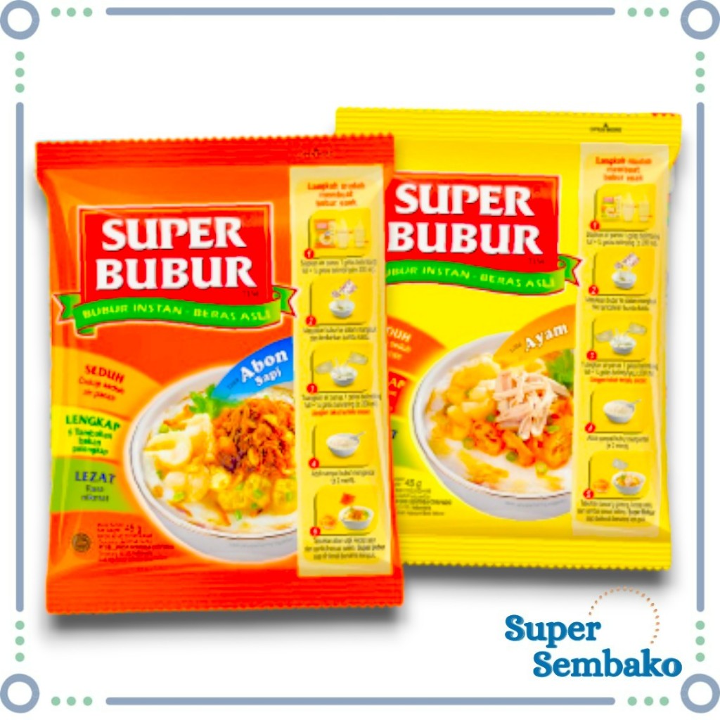 MAKANAN INSTAN SUPER BUBUR AYAM INSTAN 49g RASA ABON SAPI SOTO KARI MAKASSAR