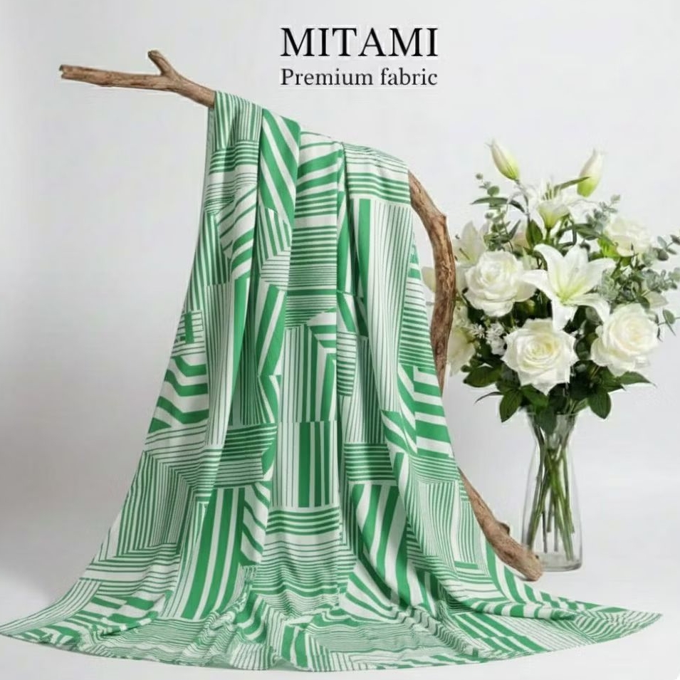 Kain Katun Motif Garis Abstrak Hijau Putih Meteran | Kain Meteran (Harga Per 0,5)LQ