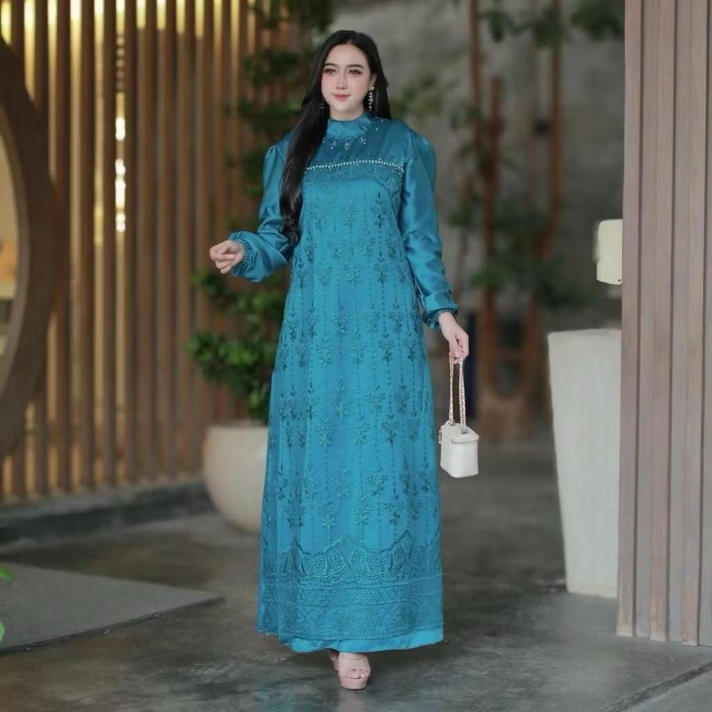 Rianti Dress Mat Velvet Mix Brukat Payet Gamis Muslim Pesta Model Brukat Gaun Lebaran Terbaru 2026