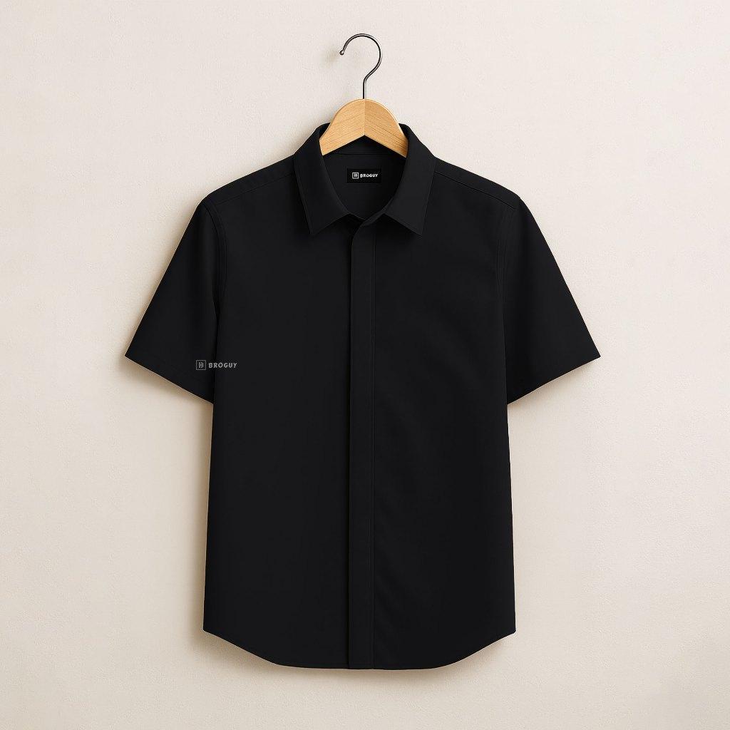 BROGUY Kemeja Zipper Pria Simple Lengan Pendek - Black