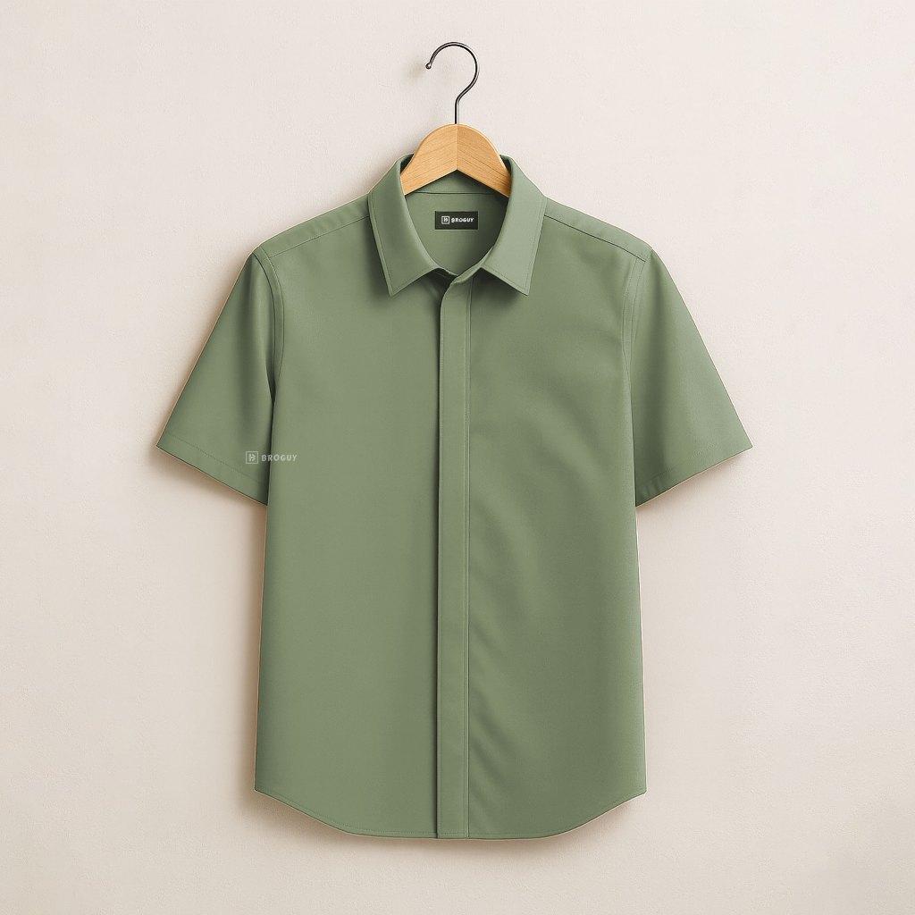 BROGUY Kemeja Zipper Pria Simple Lengan Pendek - Olive