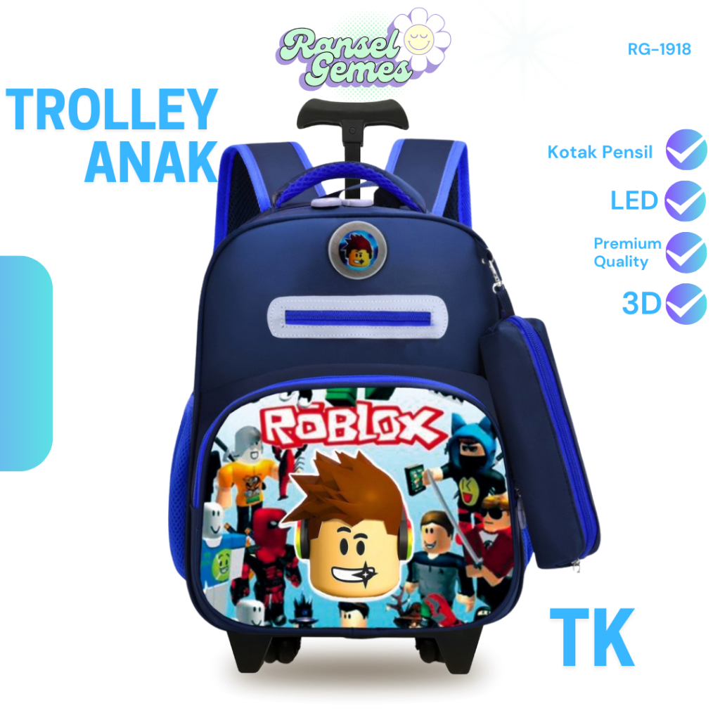 Tas Trolley Anak TK 3D LED Roblox Tas Ransel Sekolah Anak Laki Karakter Timbul  - Terbaru - Trolley