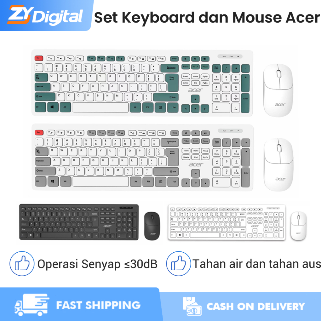 Acer OAK920 PC Papan Ketilk Tetikus Wireless Set Laptop 108 keys Suara Ringan Ergonomi Desain Miring