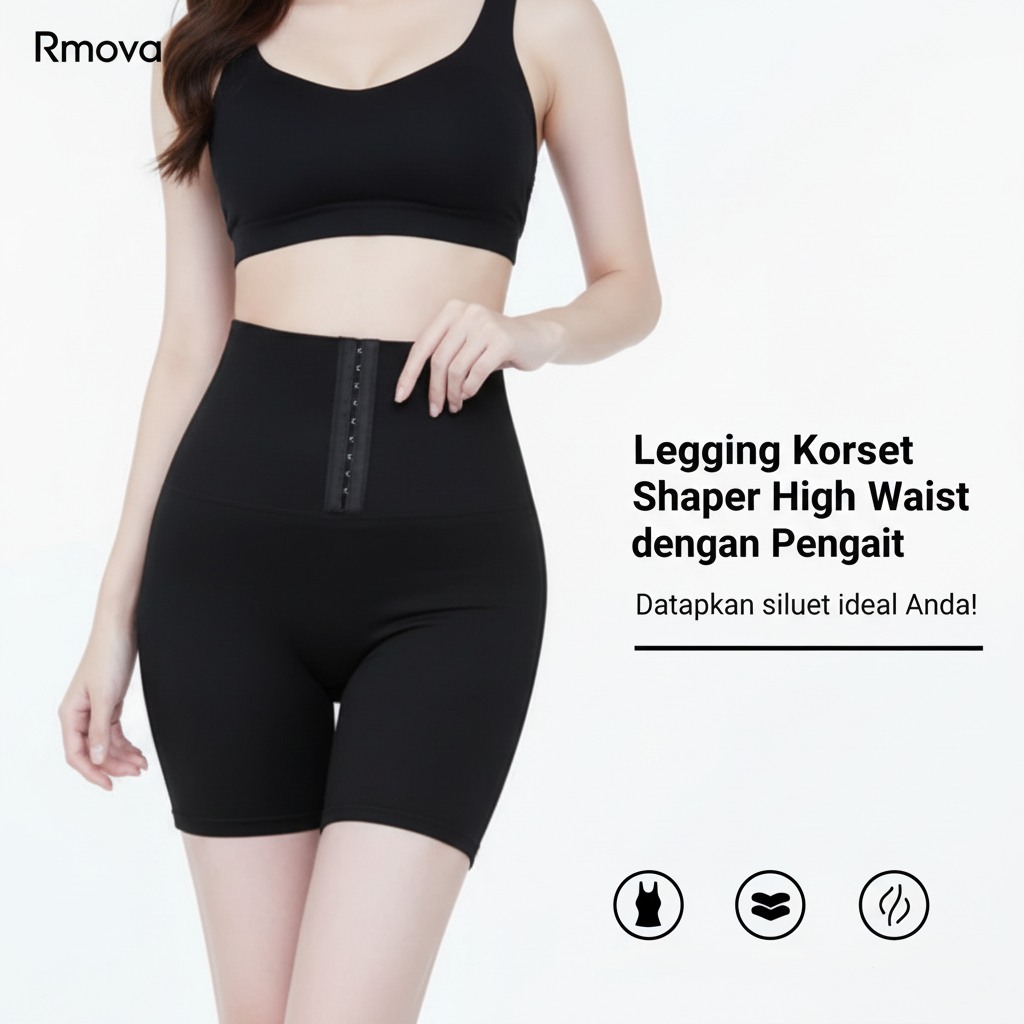 Legging Pendek Korset Wanita Hitam Pelangsing Perut 3 Kancing High Waist Spandek Stretch