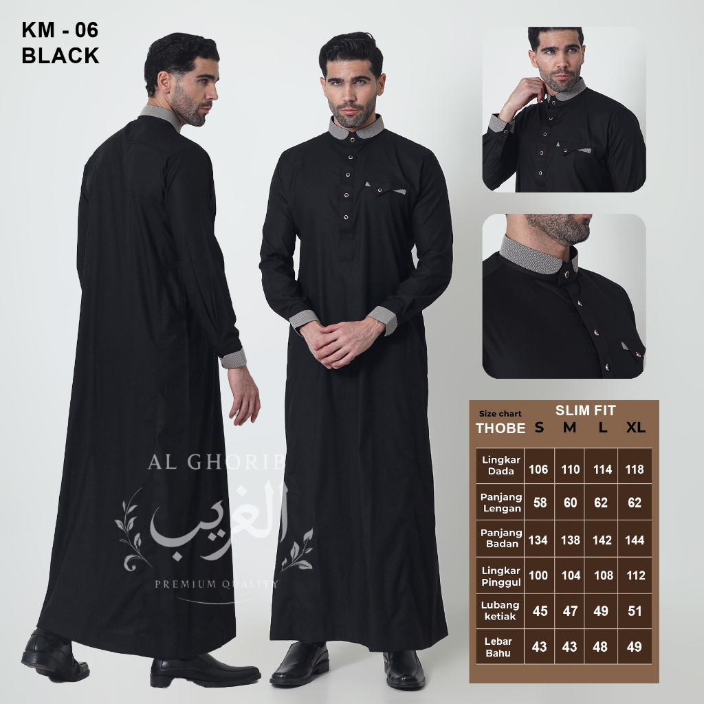 Alghorib KM 06 BLACK Thobe Gamis Pria Slim Premium Quality Elegant