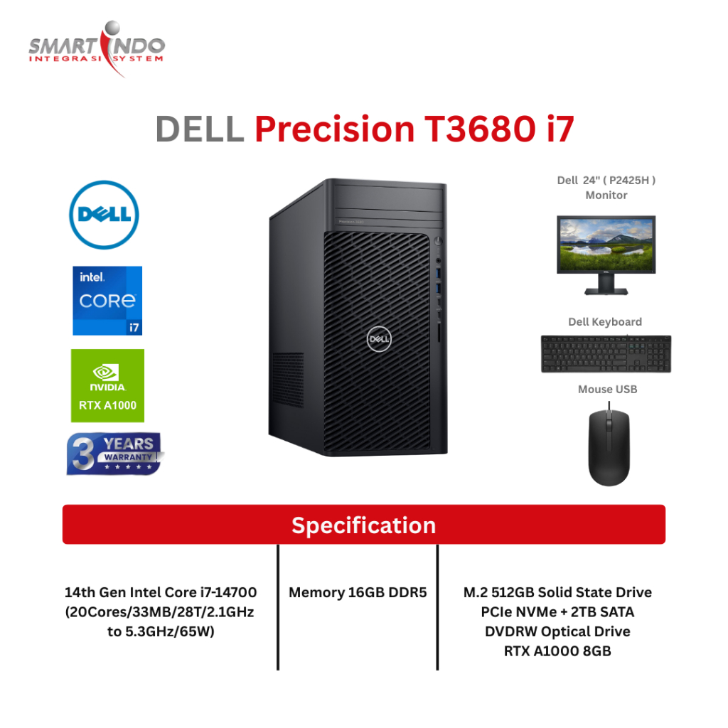 DELL T3680 (i7-14700,16GB,512GB SSD + 2TB SATA,DVDRW,WF+BT,RTX A1000 8GB,WIN11Pro,3YR)