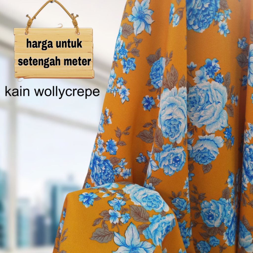 Kain Wollycrepe Motif Bunga Dasar Kuning mustard Terbaru