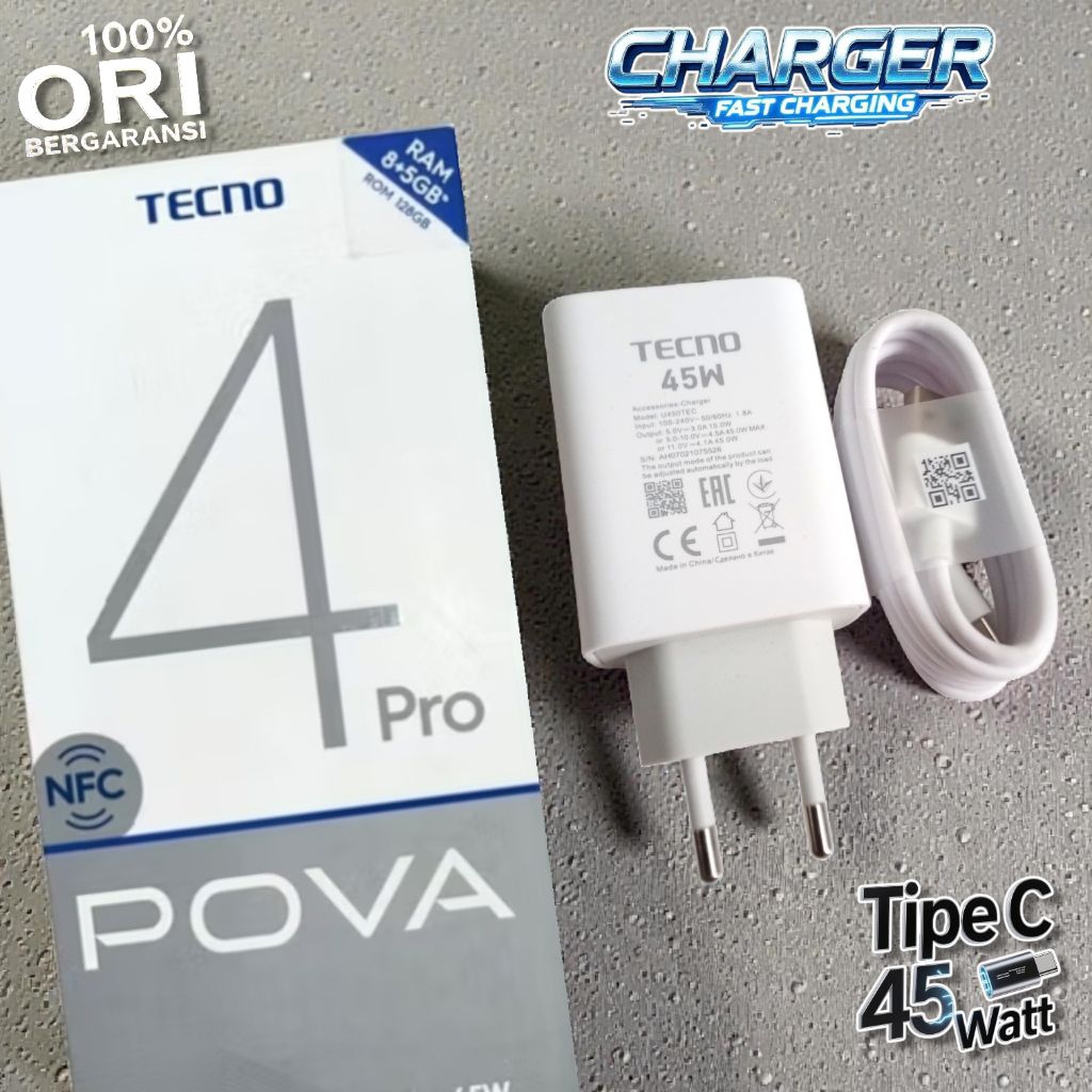 Charger ORI Tecno Pova 4 Pro Fastcharging Tipe C 45 Watt, Original bawaan TECNO