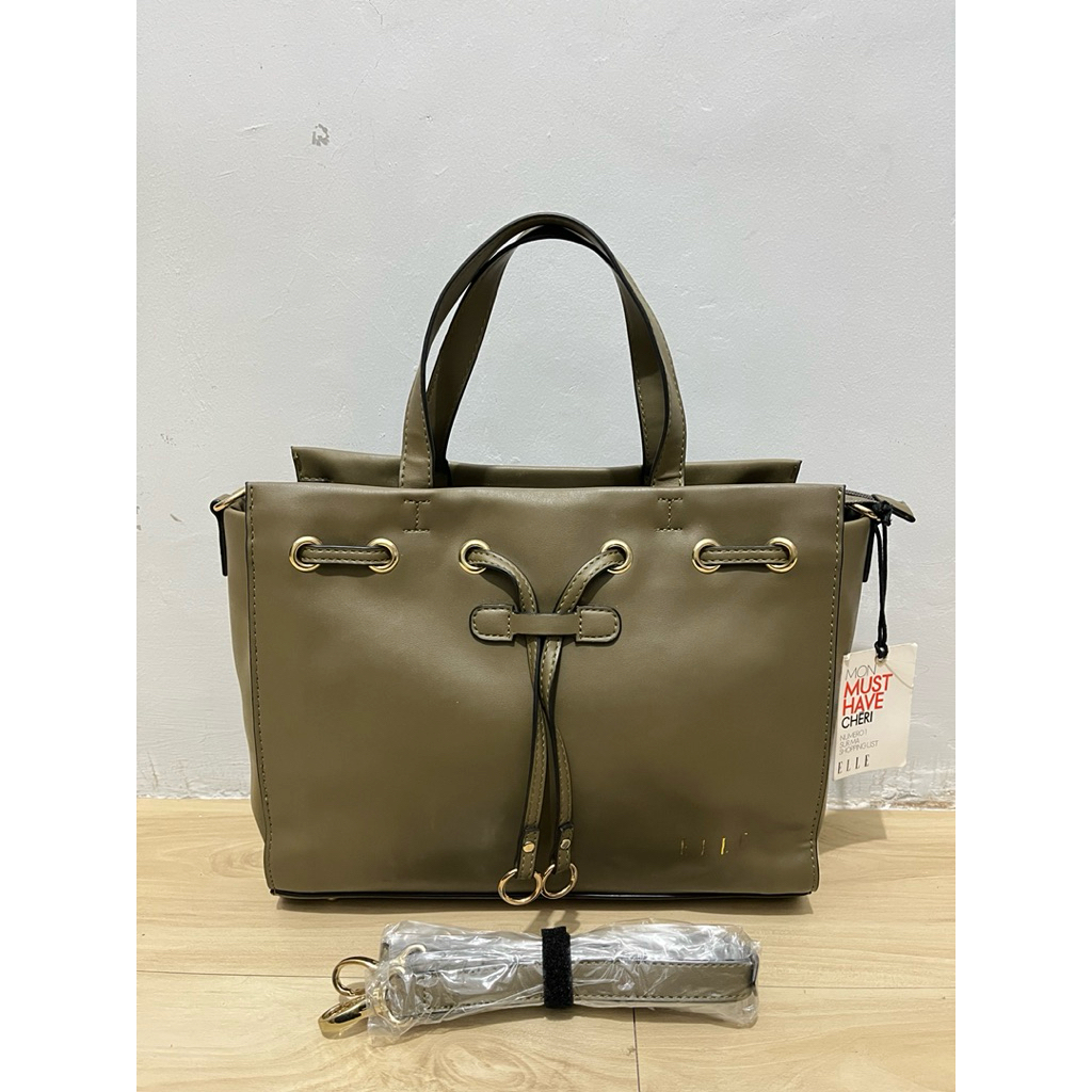Tas Wanita ELLE Tali Serut Army Green PU Leather Kekinian – Handle & Sling Bag Elegan