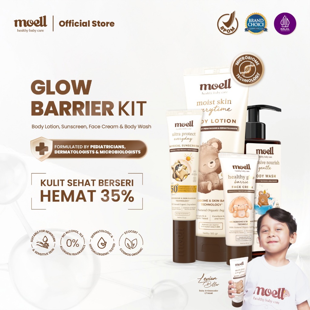 Moell Glow Barrier Kit deals Body Lotion 185gr & Physical Sunscreen 30gr & Face Cream 40gr & Body Wa