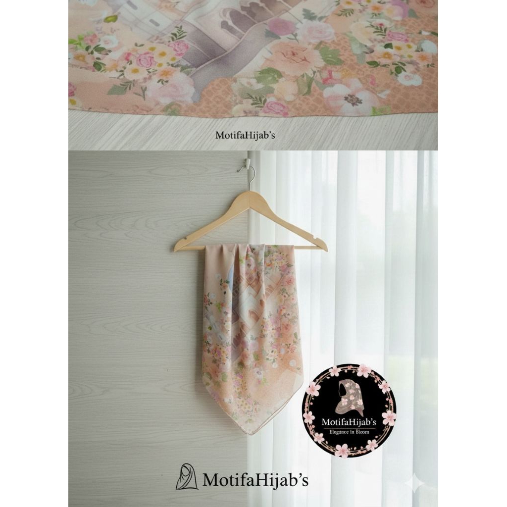 Jilbab / Hijab Segi Empat Motif Masjid Kubah & Bunga - Warna Soft Dusty Pink / Nude Elegan