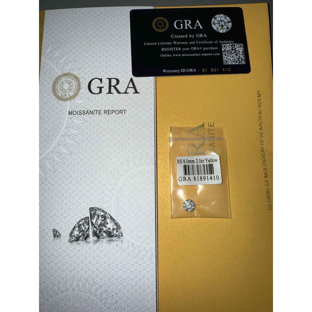 Berliant moissanite kuning (yellow) 2 crt 8 mm certificate GRA VVS1 excelent moissanite kuning terla