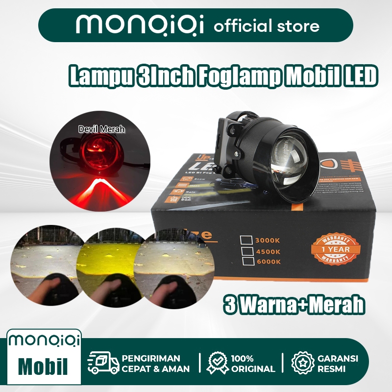 Lampu LED Foglamp Mobil Motor 3 Inch 3 Warna + Merah Lens Waterproof Foglamp Universal