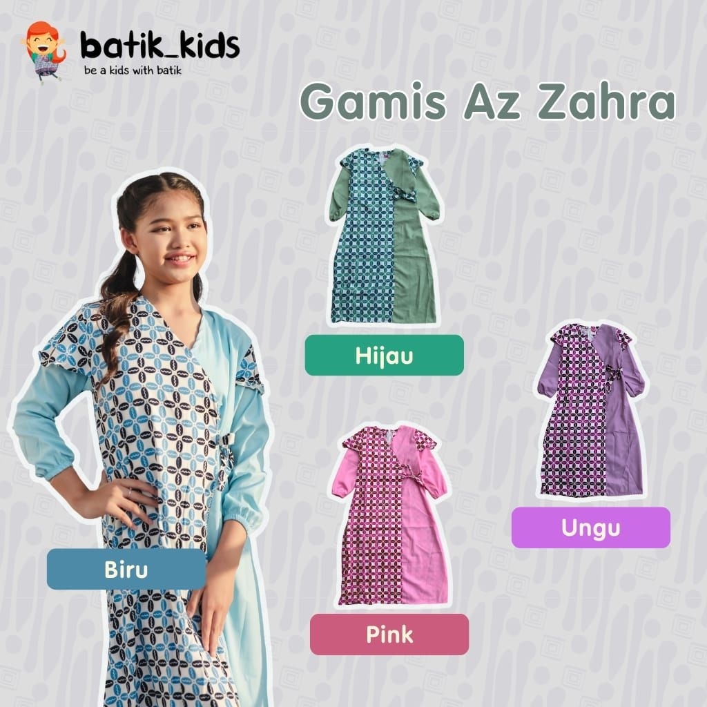 BATIK KIDS Gamis Batik Anak Azzahra Model Kimono Lengan Berkerut Mix Polos Rayon Adem