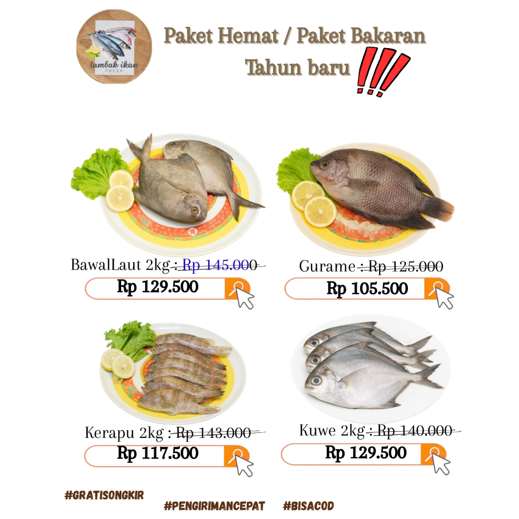 PAKET HEMAT BAKARAN MURAH MERIAH TAHUN BARU IKAN GURAME,KERAPU,BAWAL LAUT,KUWE SEGAR PER2KG