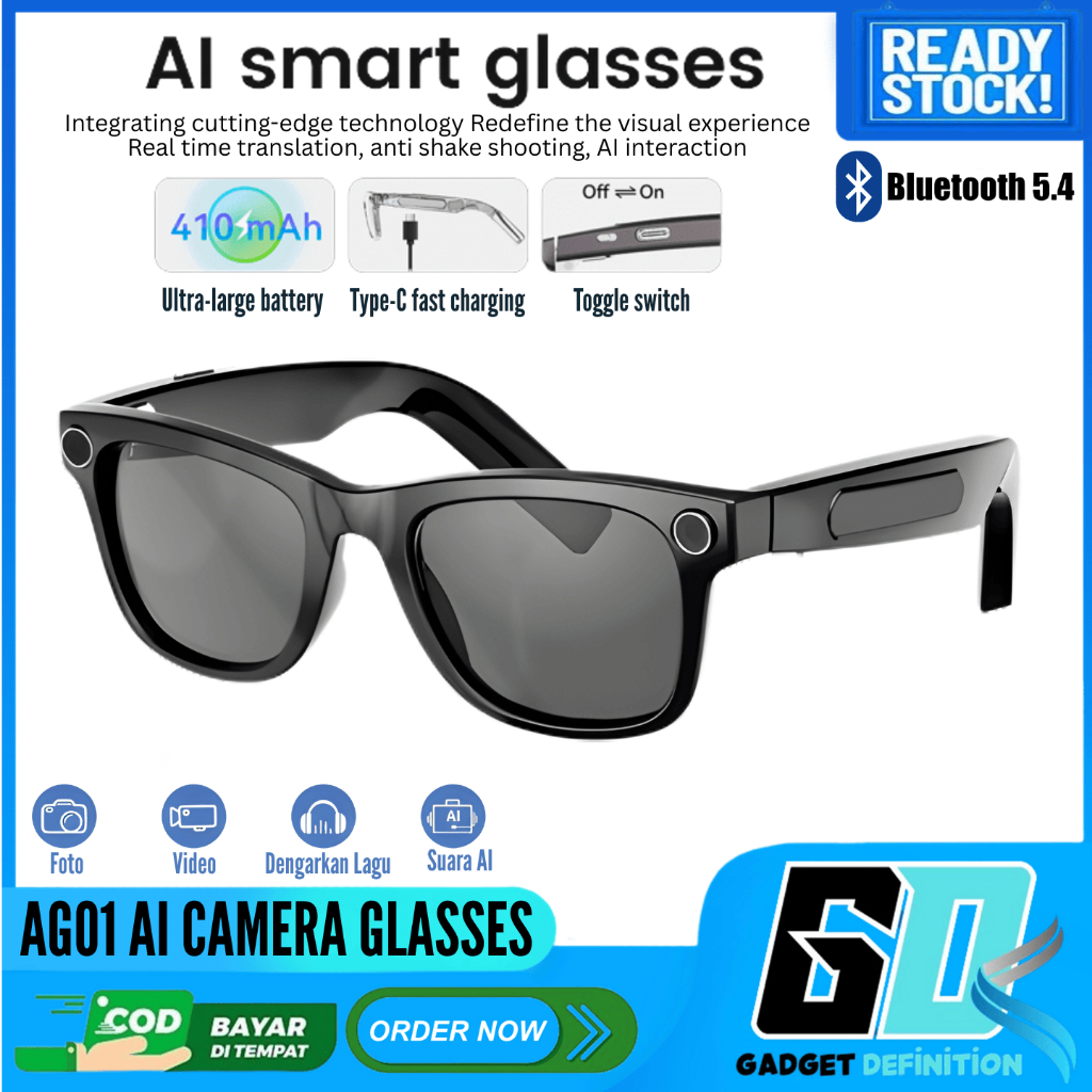 AG01 Kacamata Pintar AI Bluetooth 5.4 Kamera Video Smart Glasses Bluetooth Kacamata Kamera